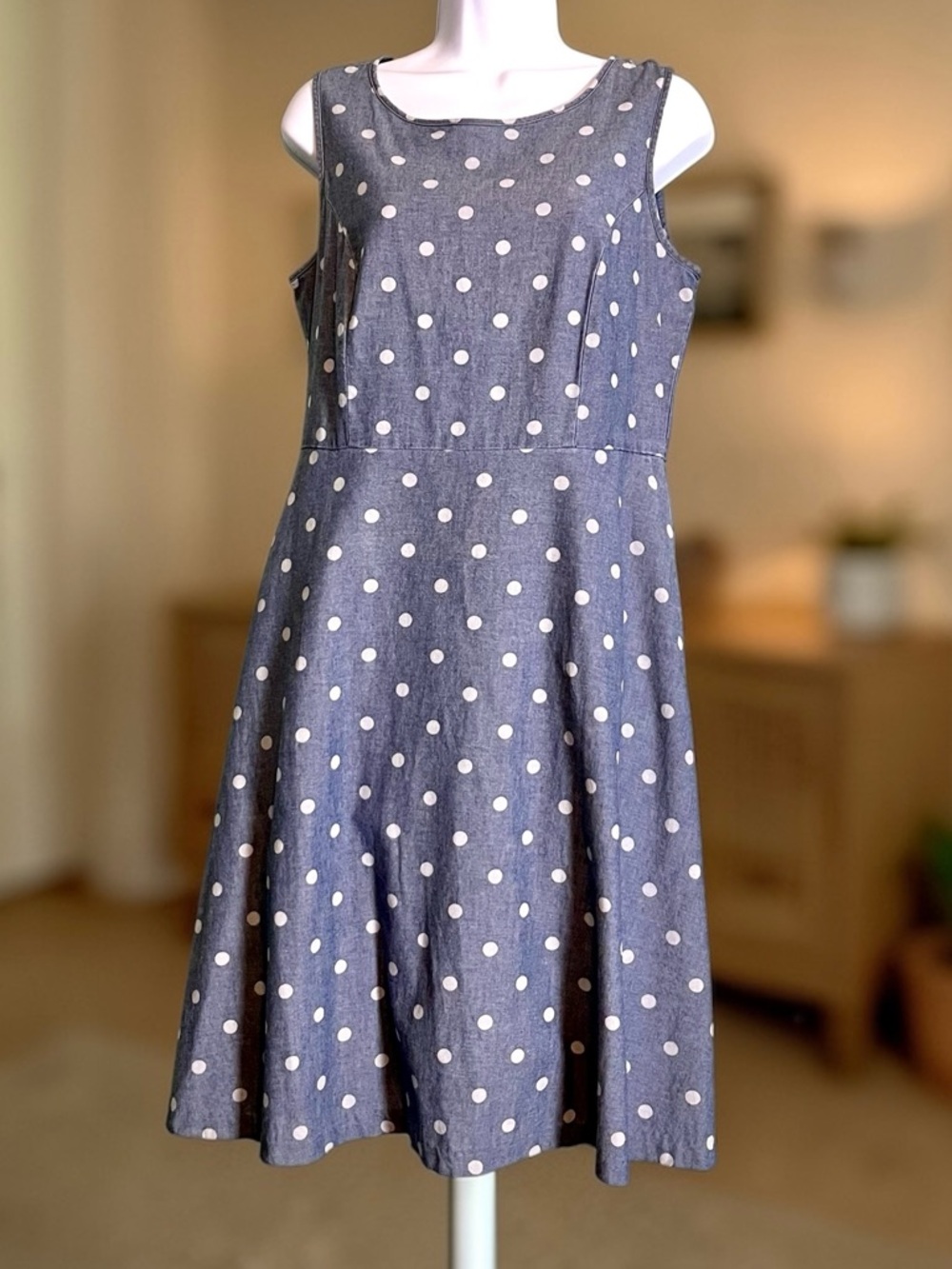 Talbots Petites 10P Polka Dot Cotton Dress Blue A-Line Pockets - Picture 7 of 8